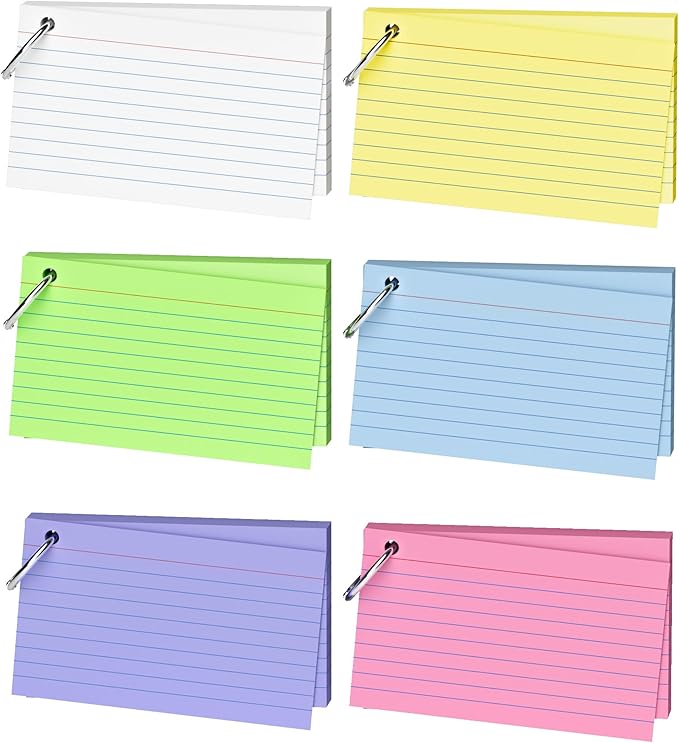300 Count 3x5 index cards with Ring, Flash Cards 6 Color Assortment (50 Sheets Each), Durable & Portable Note Taking for Students, Teachers, Study Note Cards for Home School Colored Index Cards
