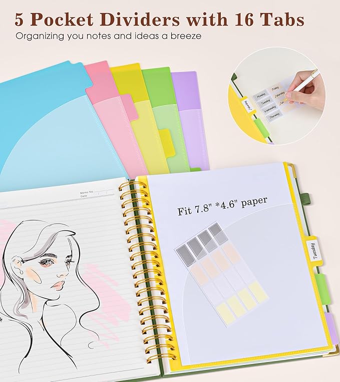 Hardcover Spiral Notebook with Removable Dividers Tabs, 300 pages Leather 5 Subject Notebook College Ruled, 6.2" x 8.2" Journal for Women Men, Small Notebooks for Work School Note taking,A5 Green