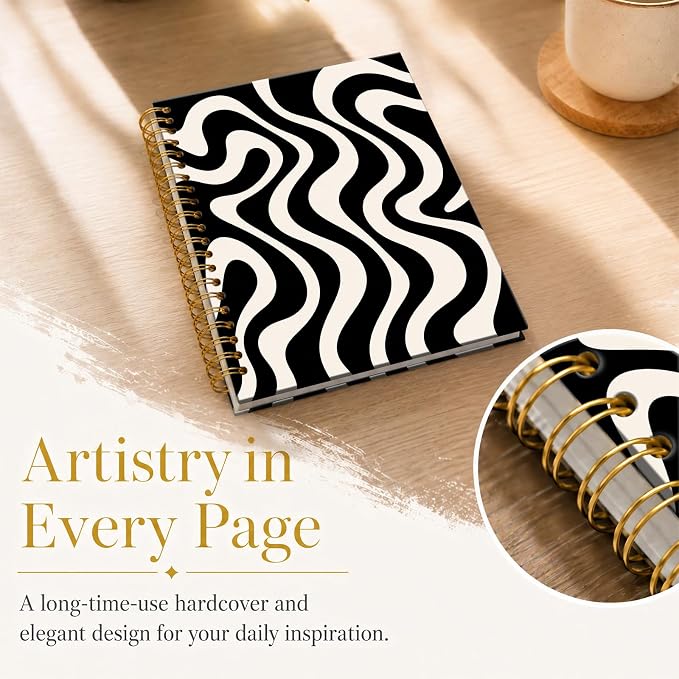 ATJFKIXL Cute Spiral Journal Notebook, A5 120 Page College Ruled Wirebound Notebook, Soft Cover for Students Office Notes and Planning - Black White Wave