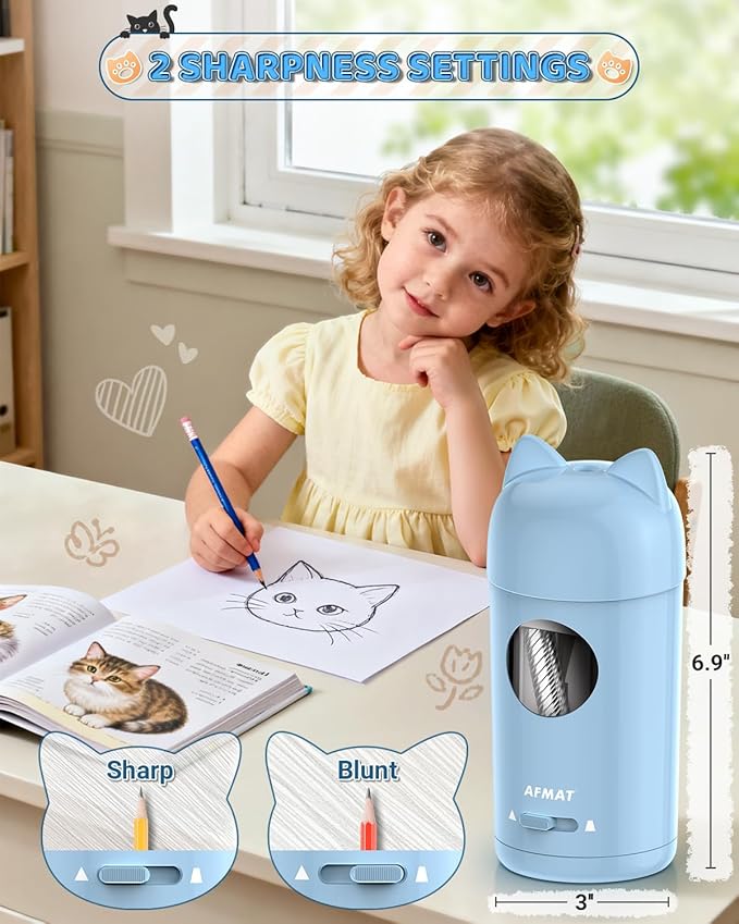 AFMAT Electric Pencil Sharpener, Pencil Sharpener for Kids, Auto in & Out, Colored Pencil Sharpeners for φ7-8mm Pencils, Rechargeable & Cordless, Fully Automatic Hands-Free for Classroom Home PSX9