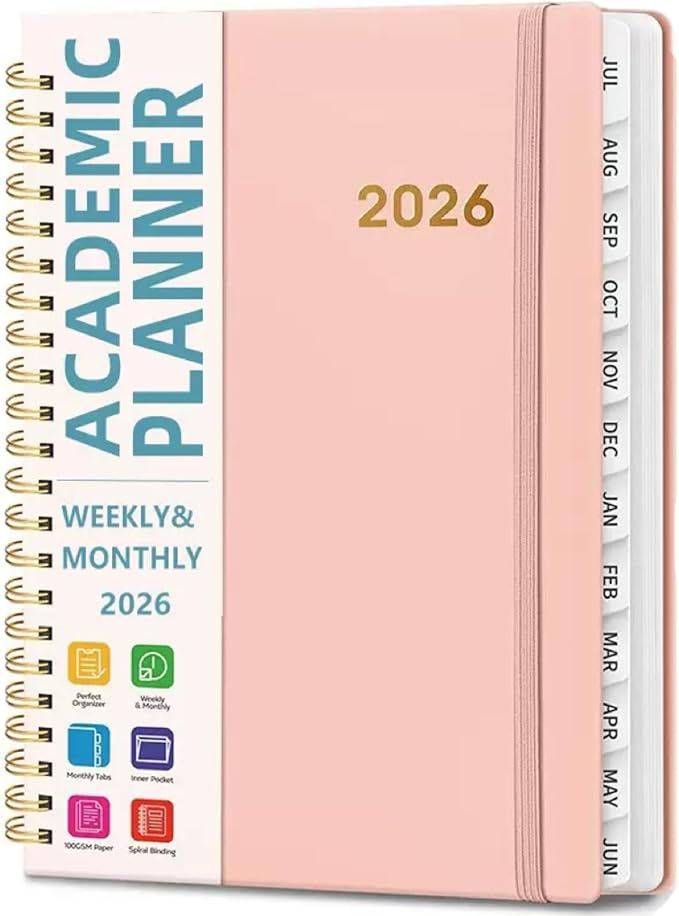 Academic Planner 2026 - Hardcover Weekly & Monthly Calendar Agenda, Daily Planner for Students & Teachers, 8.5" x 6.3" Portable Size，Daily Agenda Book with Tabs, College Organizer Notebook (pink)