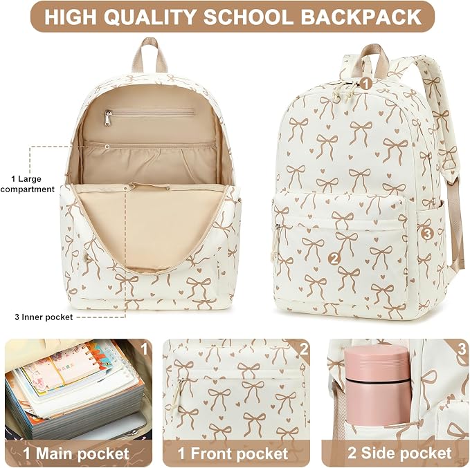 LOIDOU Backpack for Girls School Backpacks Bookbags for Elementary Middle School Women Laptop Backpacks (Bow Tie Brown, L-17)
