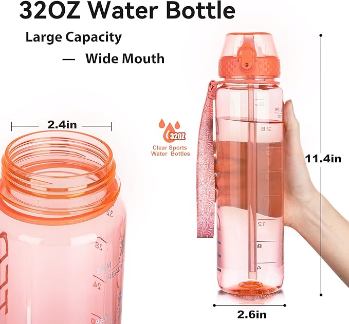 GOPPUS Water Bottle Clear Water Bottles 32oz Motivational with Time Marker Tritan BPA Free Sports Water Bottles Wide Mouth for Gym Travel Home School Office
