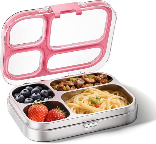 G.a HOMEFAVOR Stainless Steel Lunch Box - 4 Compartments Bento Box for Kids, Leakproof Food Container for School, Office, Dishwasher Safe, BPA-Free, 800 ml/27 oz, Pink