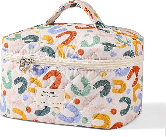 uekeboag Large Travel Quilted Makeup Bag for Women | Soft Floral Cotton Cosmetic Bag, Foldable Coquette Aesthetic Toiletry Organizer