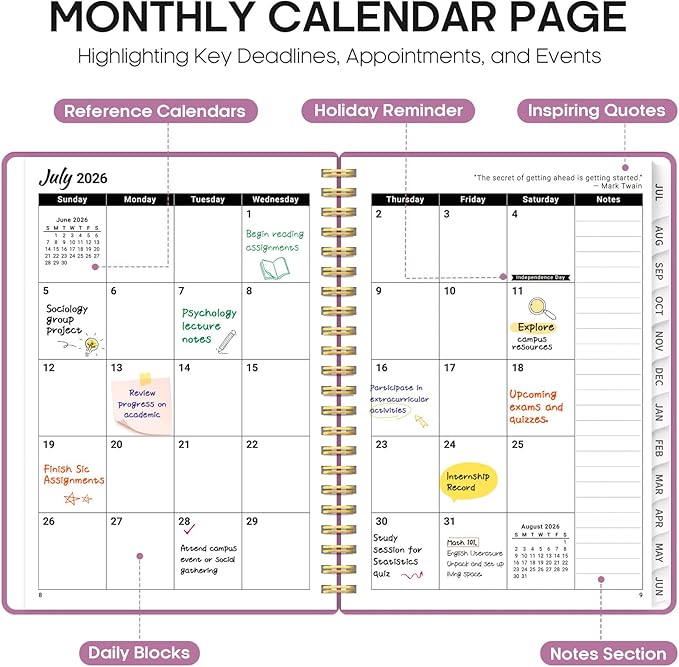 Planner 2026-2027, 6.3" x 8.5" Weekly and Monthly Academic Year Planner Calendar, July 2026 - June 2027, Hardcover Large School Planning Agenda With Tabs, Perfect for School & Office Supplies, A5, Purple