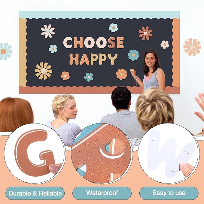 221 Pcs Boho Bulletin Board Letters, Round Alphabet Number Punctuation Symbol Combo Letter Cutouts, Retro Boho Classroom Decor for School Classroom Chalkboard Poster Bulletin Board Wall