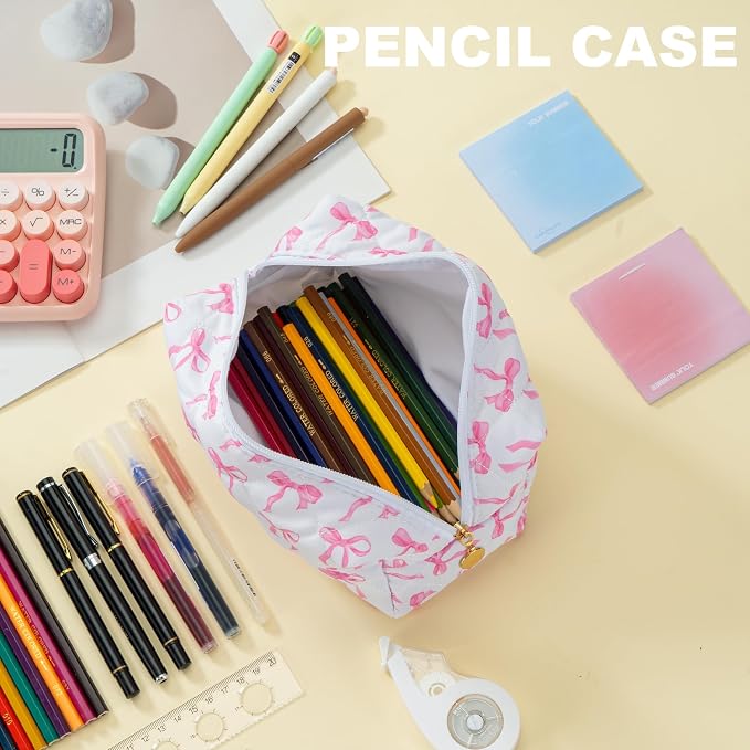 Makeup Bag Travel Toiletry Bag for Women, Small Cosmetic Bags Cute Quilted Cotton Makeup Pouch for Purse Emergency Bag Pencil Case Accessory Bag, Ribbon Bow