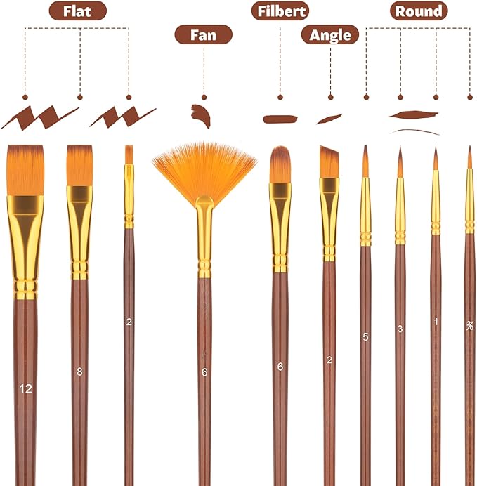 Paint Brushes Set, 10 PCS Professional Artist Painting Brushes Kit for Acrylic Watercolor Oil Gouache Painting - for Beginners or Artists (Brown)