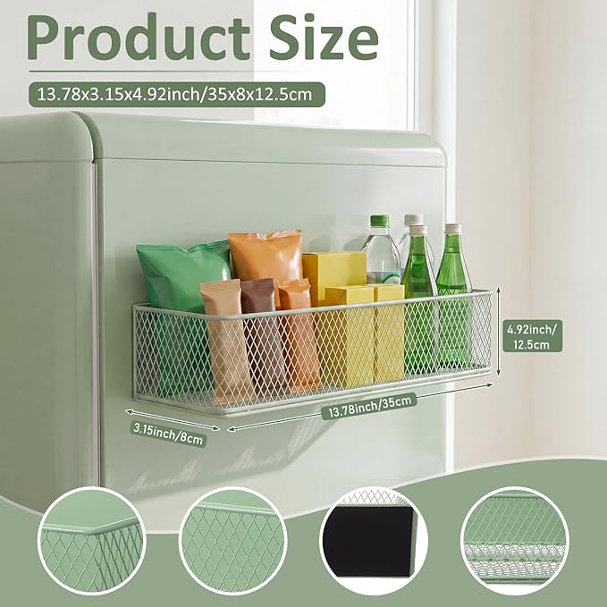 FoldTier 1 Pack Sage Green Magnetic Basket Fridge Organizer, Magnetic Shelf Containers Storage Bin Holder for Kitchen Dorm Locker Refrigerator Classroom Whiteboard Office Table (13.8 x 3.1 x 4.9 Inch)