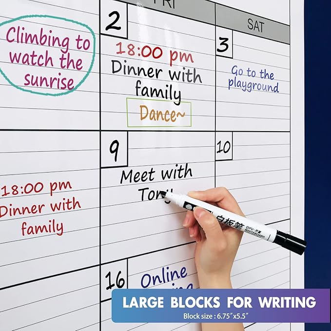 Dry Erase Monthly Extra Large White Board Calendar for Wall, 38" by 50", Jumbo Laminated Erasable One Month Whiteboard Calendar, Huge Oversized Blank 30-Day Poster with Lines and Squares
