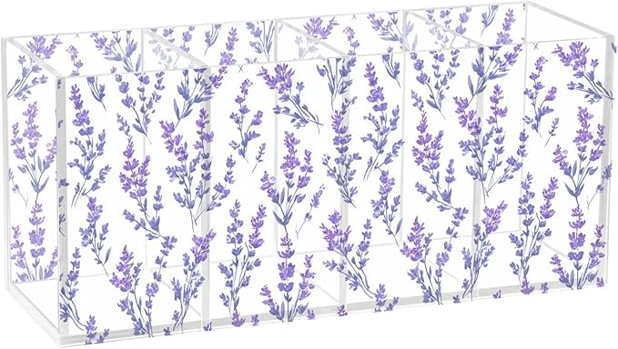 Aslsiy Purple Floral Lavenders (8) Pen Holder for Women 4 Compartments Acrylic Pencil Holder Clear Makeup Brush Holder Desk Organizer Office Supplies