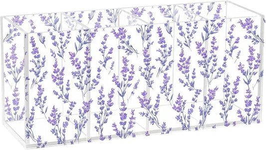 Aslsiy Purple Floral Lavenders (8) Pen Holder for Women 4 Compartments Acrylic Pencil Holder Clear Makeup Brush Holder Desk Organizer Office Supplies