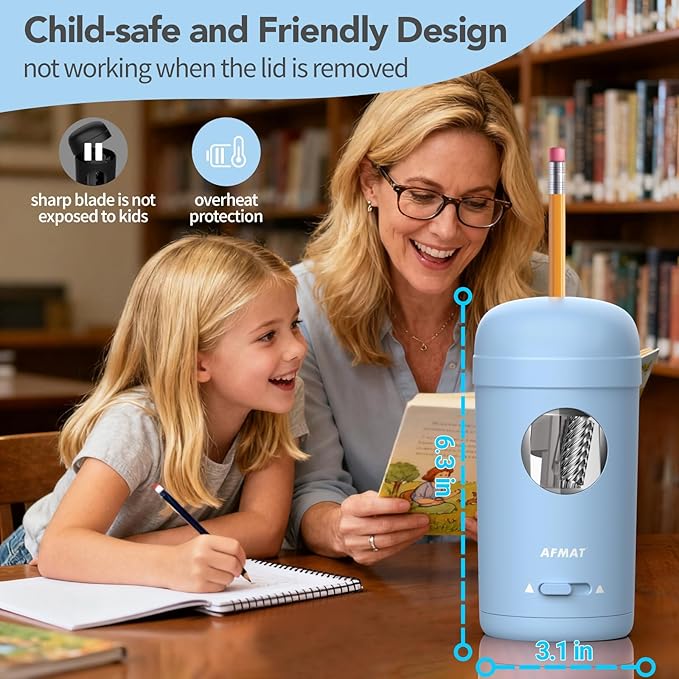 AFMAT Electric Pencil Sharpener, Fully Automatic Pencil Sharpener for 7-8mm Pencils & Colored Pencils, Auto in & Out, Rechargeable Vertical Hands-Free Sharpeners for Classroom/Home/Office PSX7(Blue)