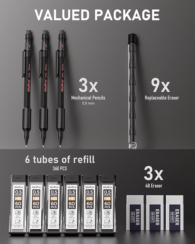 Nicpro 0.5 mm Mechanical Pencil Set with Case, 3PCS Metal Pencils | MP2000 Heavy Duty Lead Pencil + 6 Tube HB Lead Refill, Eraser, Weatherproof Metal Barrel for Outdoor Writing Drafting Drawing