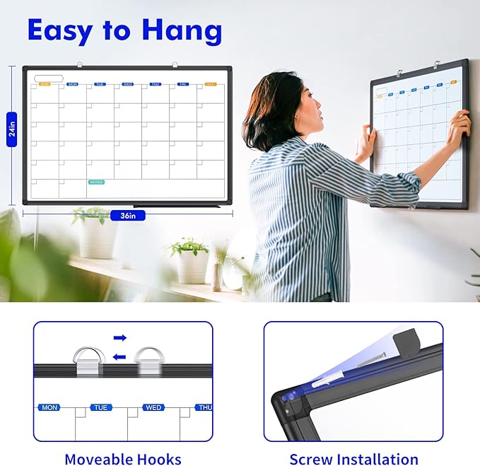 Magnetic Dry Erase Calendar Whiteboard for Wall 36"x24", Monthly White Board Calendar Dry Erase Wall Hanging Aluminum Frame with Tray for Home, School, Office