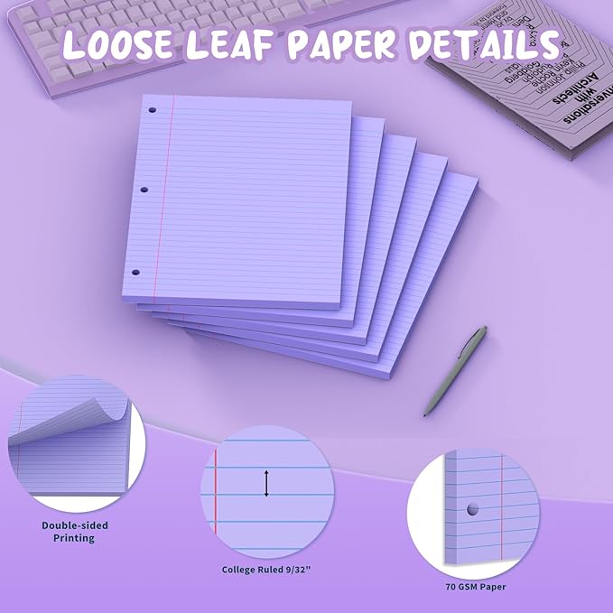 Purple Loose Leaf Paper 8 x 10.5, 120 Sheets Lined Paper College Ruled Paper, 3 Hole Punched Notebook Paper College Ruled, 3 Ring Binder Paper 8 x 10.5, Filler Paper College Ruled for Office, School