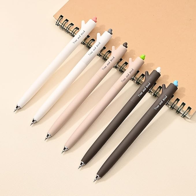 Temiary 6 Pcs Rotatable Quick-Dry Black Gel Ink Pens, Cute Gel Pen for Journaling Planning, 0.5 mm Fine Point Smooth Writing for School Office Home Supplies (Bird)