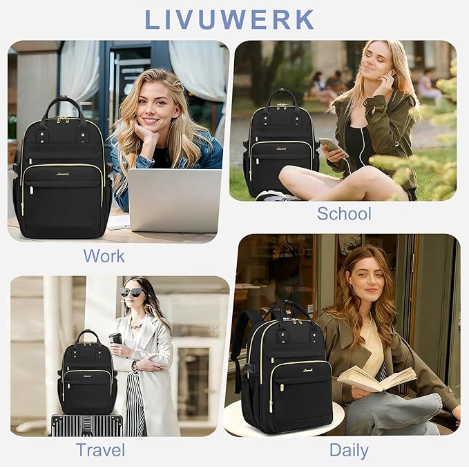 Women Laptop Backpack College Bookbag: 15.6 inch Backpacks with Pouch Pocket for Large Capacity Cup Travel Waterproof Book Bag Anti-theft Casual Work Bookbags for Teacher Nurse Black