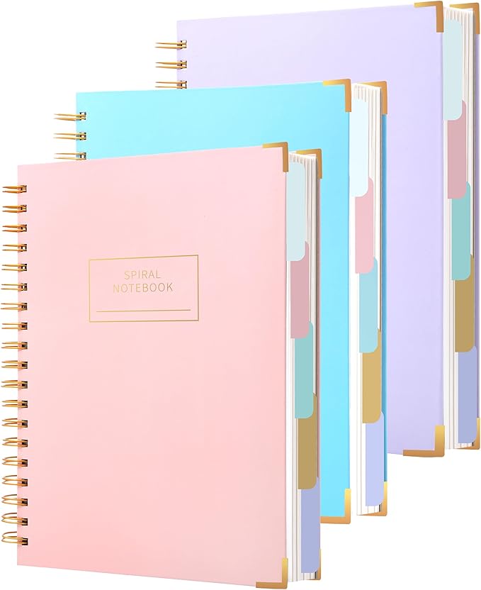 Yoment 3 Pack 5 Subject Notebook College Ruled, Hardcover Spiral Notebooks for Work School, B5 Multi Subject Notebook with Tabs Dividers, 240 Pages Lined Journal for Women Men, Pink&Purple&Blue