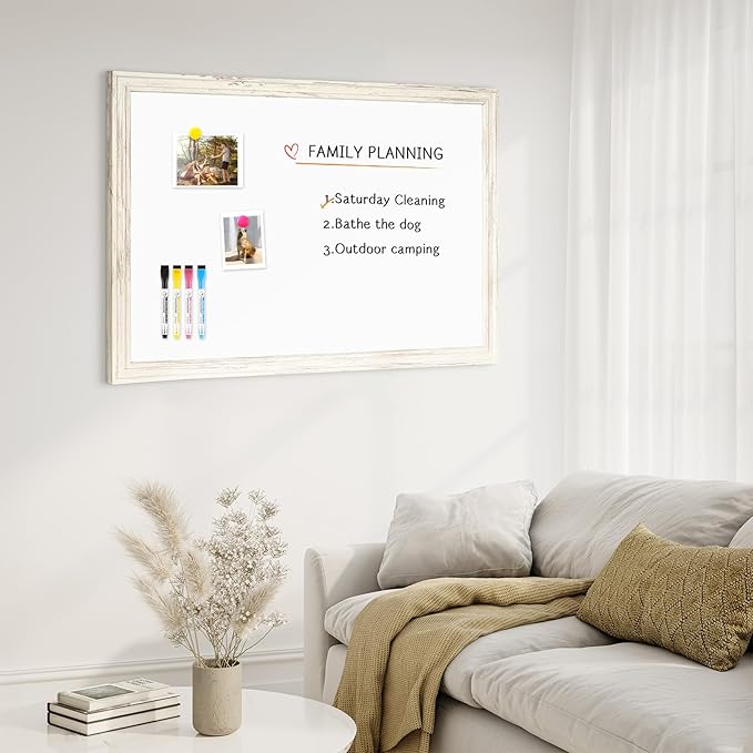 4 THOUGHT Dry Erase Board, 36 x 24 in Magnetic Whiteboard White Vintage Wood Frame Wall-Mounted White Board Decorative Notice Board for School, Office, Home, 8 Magnets 4 Markers 1 Eraser