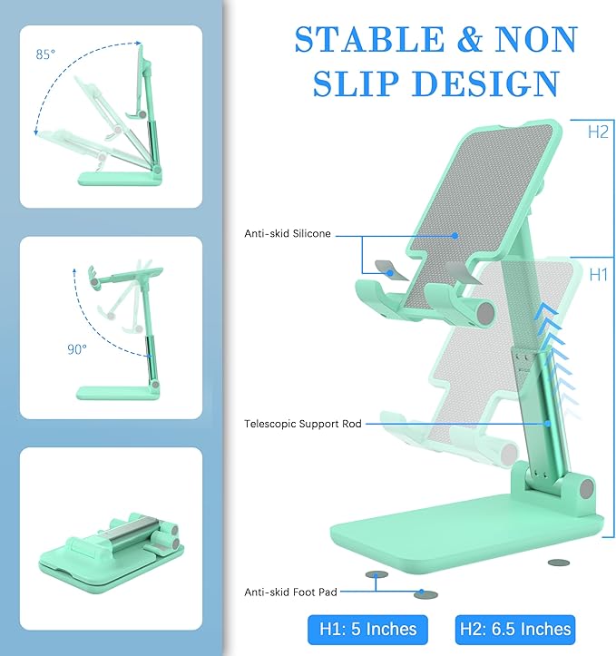 Cell Phone Stand, Adjustable Angle and Height Cell Phone Holder for Desk, Foldable and Portable, Anti-Slip Silicone Pad, Compatible with All Mobile Phones and 4-8 Inch Devices (Green&Green)