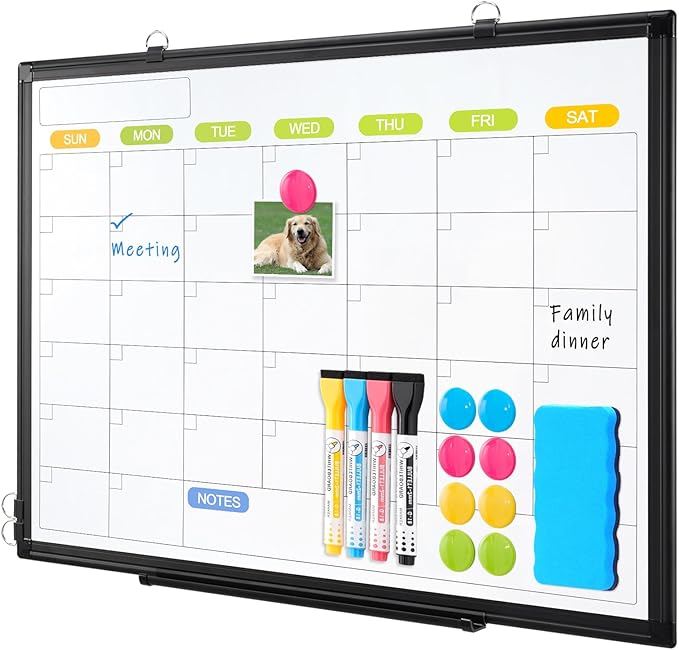 Dry Erase Calendar Whiteboard for Wall, WALGLASS 36" x 24" Magnetic White Board, Monthly Dry Erase Calendar with Silver Aluminum Frame, Double-Sided Hanging Portable Board for Office, Home, School