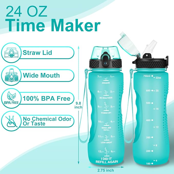 24 OZ Motivational Kids Water Bottle With Time Marker,Straw Lid,Leak Proof, Tritan BPA Free Sports Water Bottle Green(1 Lid)