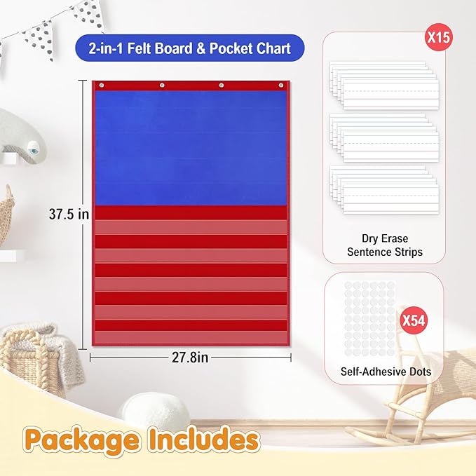 AKAYOK 2-in-1 Felt Board & Pocket Chart, 37”x28 Felt Board for Wall with 54 Self Adhesive Dots & 15 Dry Erase Sentence Strips, Flannel Boards Stories for Preschool, Early Literacy & Speech Therapy