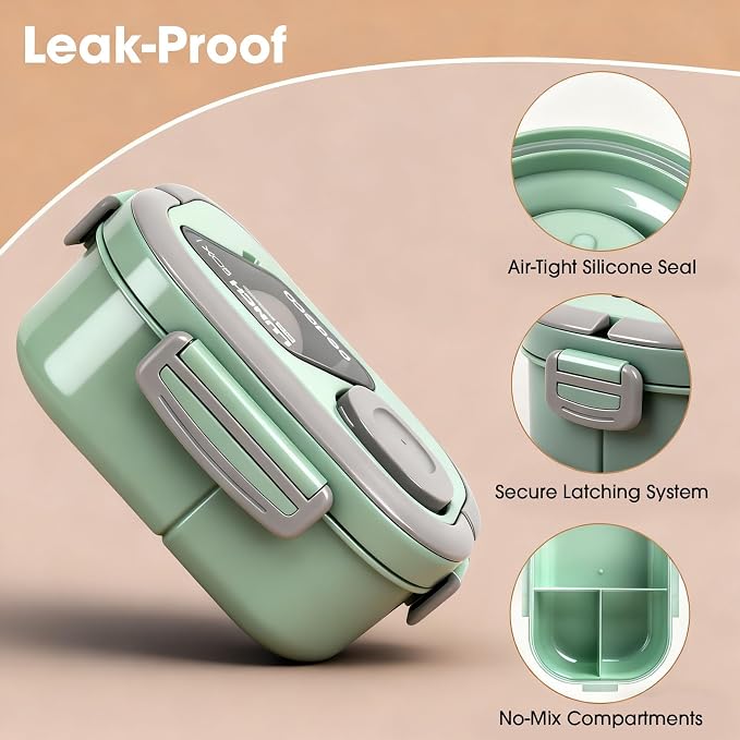 PEDECO Green Lunch Box Set with Bag & Utensil, Leak Proof for Women Men Kid | 2-tier stackable container with sauce pod,Insulated bag keeps food hot or cold,Microwave & dishwasher safe,for women men