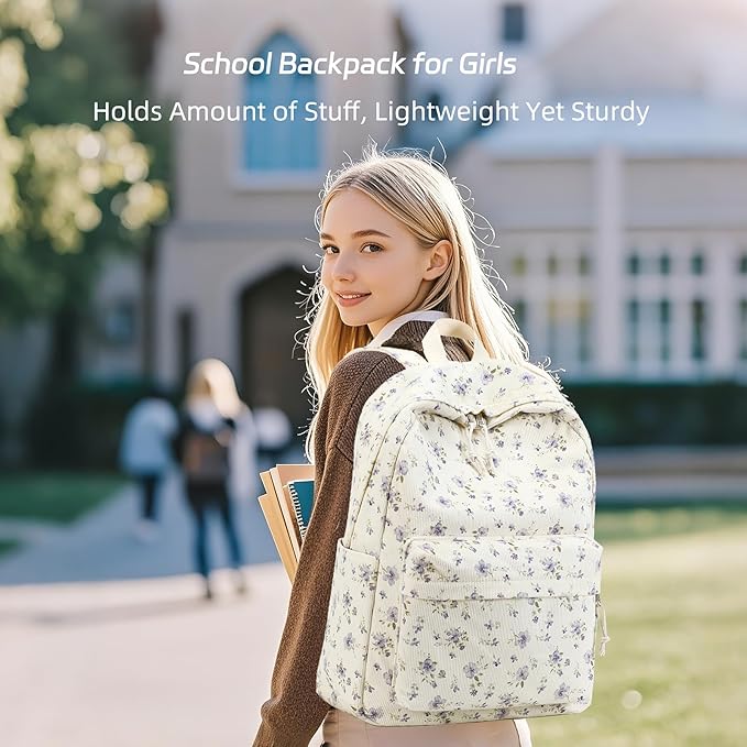 BTOOP School Backpack for Girls Teens Large Corduroy Bookbag Lightweight 15.6 inch Laptop Bag for Women Casual High School College (Purple Floral)