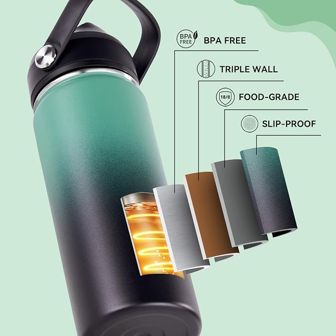 Fijinhom 24oz Insulated Stainless Steel Water Bottle, Wide Mouth Double Wall Vacuum, Silicone Straw, Sweat & Leak Proof, BPA Free Insulated Water Flask for Travel, Keep Cold 24h Hot 12h, Green & Black
