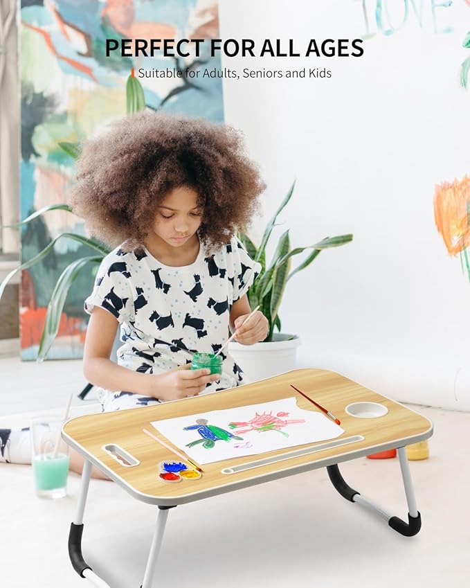 FISYOD Foldable Laptop Table, Portable Lap Desk Bed Table Tray, Laptop Stand with Cup Holder & Tablet Slot & Lifting Handle for Working Writing Drawing & Eating (Wood)