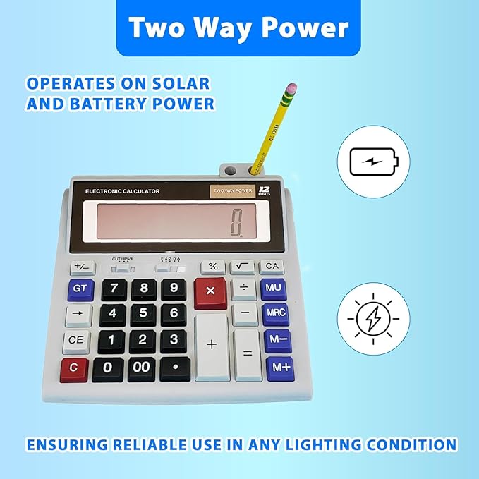 Lily's Home 12-Digit Large Desktop Calculator with Pen Holder, Dual Power (Solar & Battery) - Big Button 5 Inch LCD Display for Office, School, Home, Accounting, Taxes, and Back to School Supplies