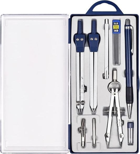 Unjoo 9Pcs Precision Geometry Set Metal Compass, Geometry Tool Tool Set with Shatterproof Storage Box, Circle Drafting Tool and Architecture, Drafting Kits for Engineers Students(Blue)
