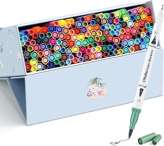 Ohuhu Markers for Adult Coloring Books No Bleeding 160 Colors Coloring Markers Water-based Dual Tips Fineliner & Brush Drawing Pens Art Pens for Kids Adults Sketch Journal - Maui - White