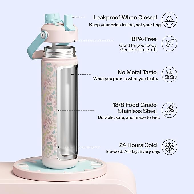 ENCOOL Insulated Water Bottle with Straw Stainless Steel Water Bottle, Leak-Proof, BPA-Free, Double Wall Vacuum Keeps Cold for 24 Hours for Sports, Travel, School (26 oz, Pastel Leopard)
