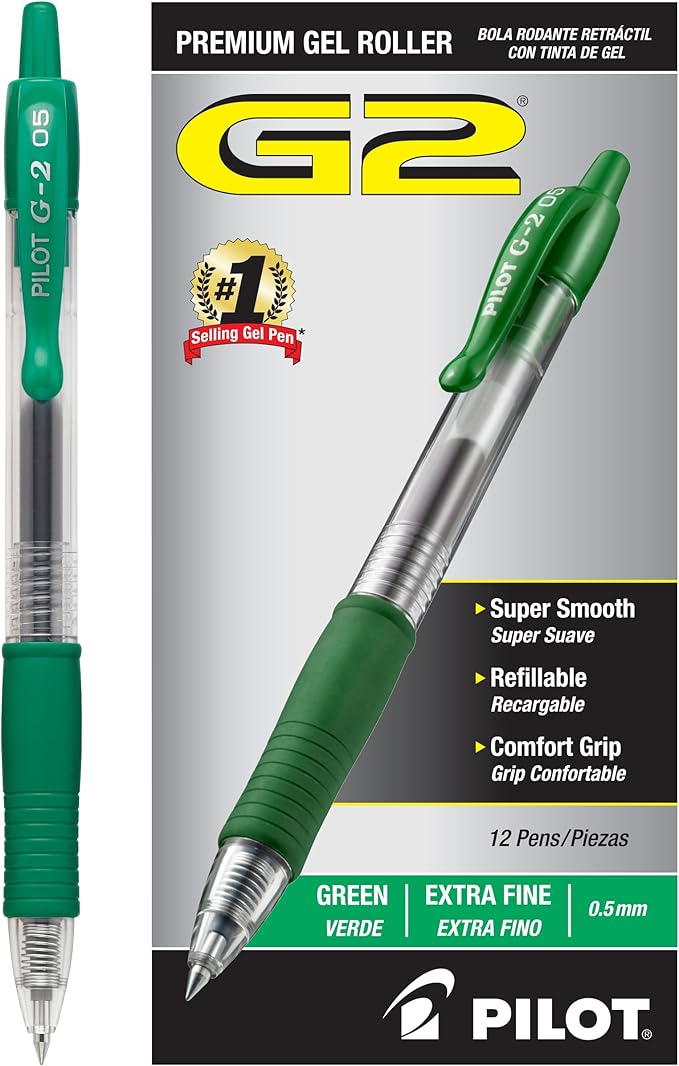 PILOT G2 Premium Refillable and Retractable Rolling Ball Gel Pens, Extra Fine Point, Green Ink, 12-Pack (31005)
