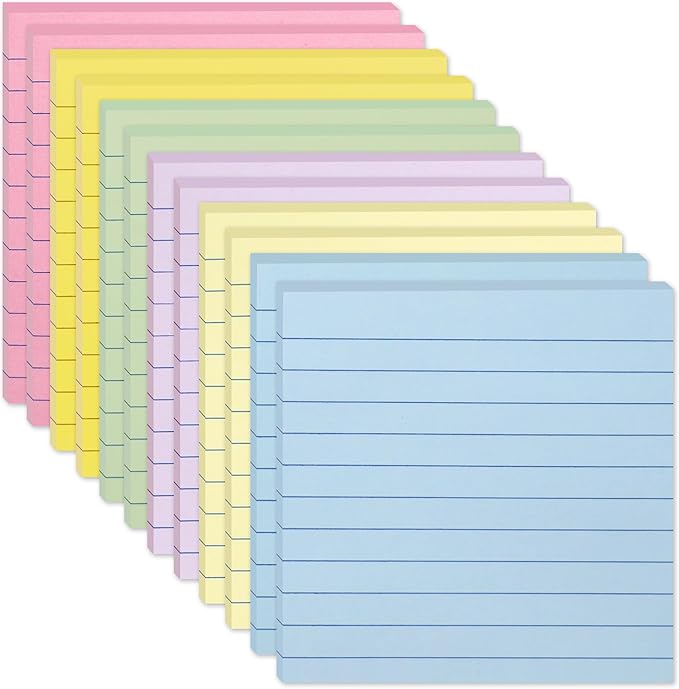 12 Pack Lined Sticky Notes 4x4 in, Pastel Colors Self- Stick Note Pads Its