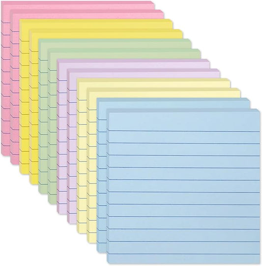 12 Pack Lined Sticky Notes 4x4 in, Pastel Colors Self- Stick Note Pads Its