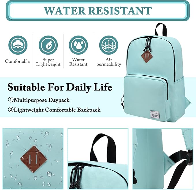 VASCHY School Backpack, Ultra Lightweight Backpack for Women Bookbag for Kids Teen Boys Girls Aqua
