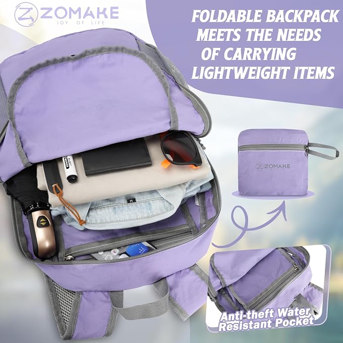 ZOMAKE Lightweight Packable Backpack, Foldable Small Travel Day Pack | 10/15/20L Water Resistant Hiking Backpacks for Women Men, Multiple Pockets, Breathable Shoulder Strap, Everyday Carry