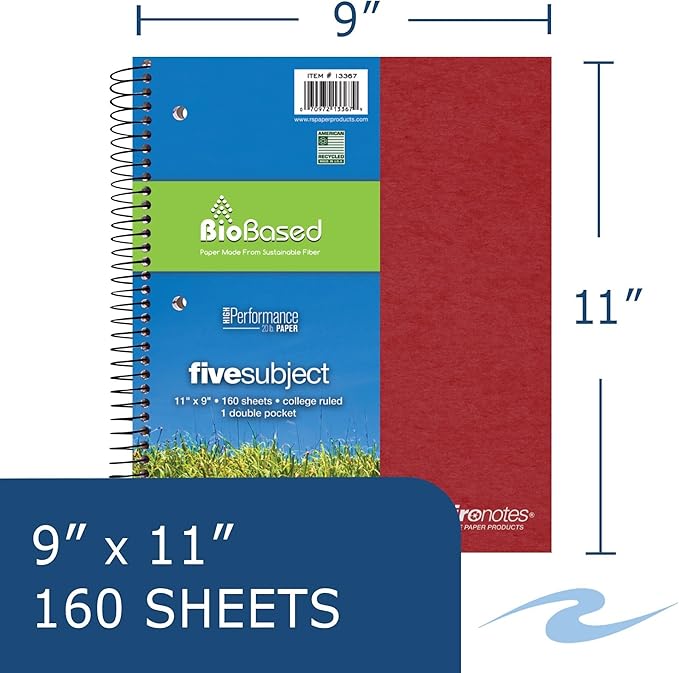 Roaring Spring Environotes Recycled Spiral Notebook, 5 Subject, 11" x 9", 160 Perforated Sheets, 20 lb Bio-Based Paper, College Ruled w/ Margin, Assorted Earthtone Covers, Double Pocket, 4 Dividers, Made in USA