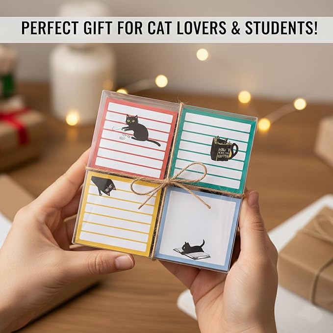 Cute Sticky Notes 9 Pack, 3x3 Inch Adhesive Memo Pads 450 Sheets, Lined and Blank, Kawaii Kitten Stationery, Funny Cat Lover Gifts for Women, Office Desk School Supplies