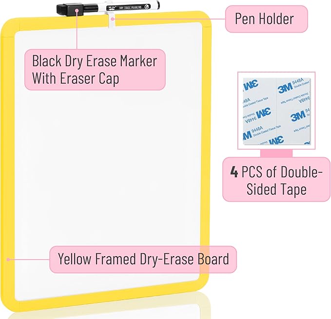 Mr. Pen- Dry Erase Board, 14” x 11” with a Black Dry Erase Marker, Yellow Frame, Small Mini White Board for Students, Fridge, Wall, Locker, Includes Double Sided Tapes