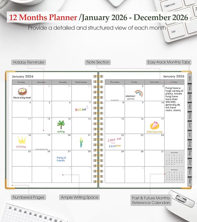 2026 Planner, Weekly and Monthly Calendar Planner from January 2026 - December 2026, 8.5" x 11" Hardcover Leather Hourly Appointment Book with Tabs, Spiral Daily Planners for School Work Home, Green