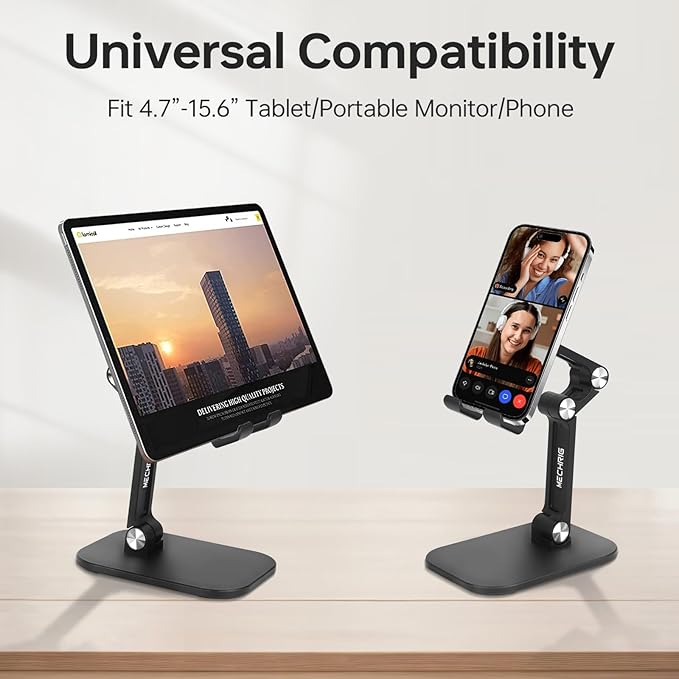 Foldable Phone Stand for Desk - Adjustable Height & Angle Cell Phone Holder, Portable Tablet Stand with Anti-Slip Base for Home, Office, and Travel, Compatible with iPhone & All 4-11" Devices (Black)