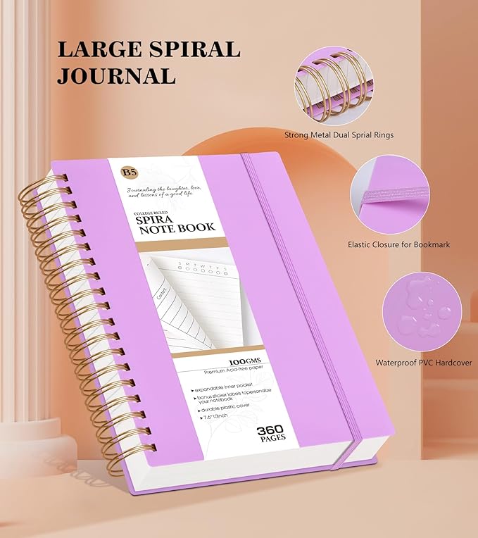 MUAHLIUB Spiral Notebook Journal College Ruled, 360 Pages Lined Thick Journals for Women Men, B5 Big Notebooks with 100GSM Paper, Spiral Bound Journaling for Writing Work School Purple 7.6"×10"