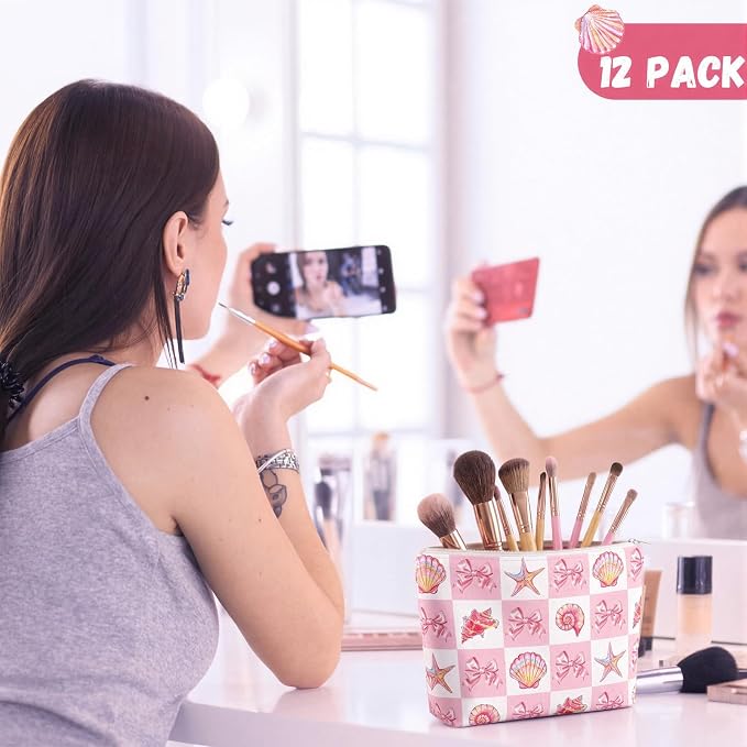Reginary 12 Pcs Pink Bow Makeup Bags Coquette Scalloped Cosmetic Bags with Zippers Coquette Party Favors Pink Aesthetic Pouch Bulk Gifts for Women Stuff Summer Beach Birthday Supplies Travel Accessory