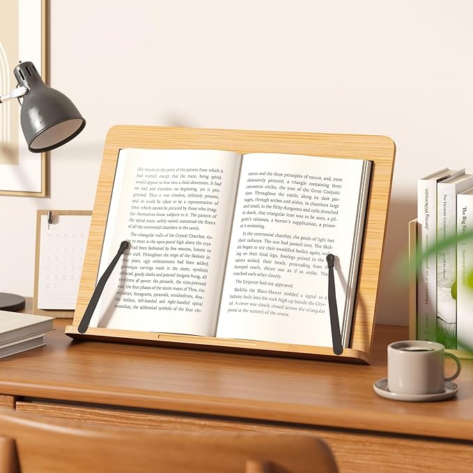 Bamboo Book Stand, Adjustable Reading Holder with Page Clips, Portable Lightweight Desk Stand for Textbooks, Cookbooks (Medium)
